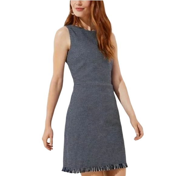 Ann Taylor LOFT Sheath Dress Blue Tweed Fringe Sleeveless Knee Length - Picture 1 of 8